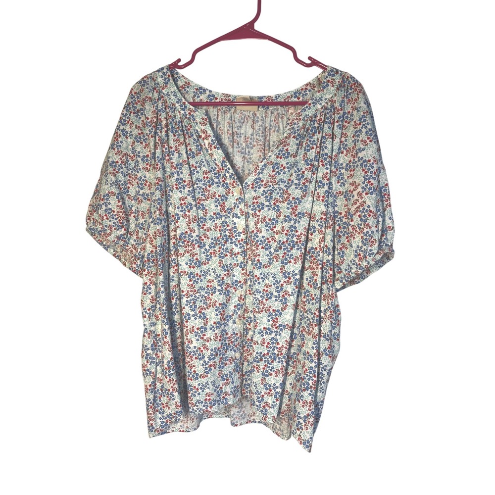 St Johns‎ Bay Womens PXXL Floral Blouse Blue Red Ditsy Puff Sleeve Button Front